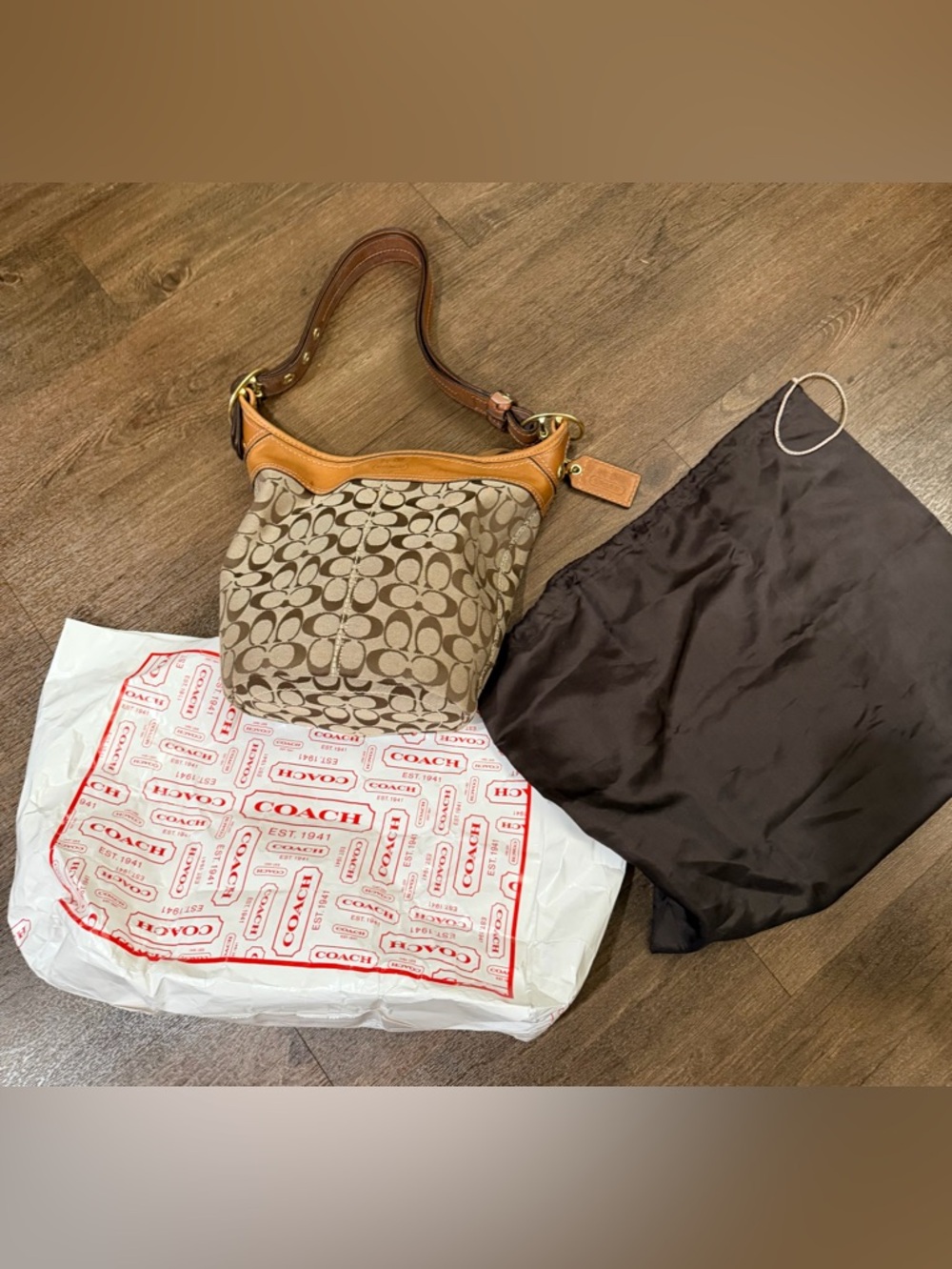 Coach Signature Canvas Shoulder Bag in Brown & Tan dust bag , vtg reusable bag
